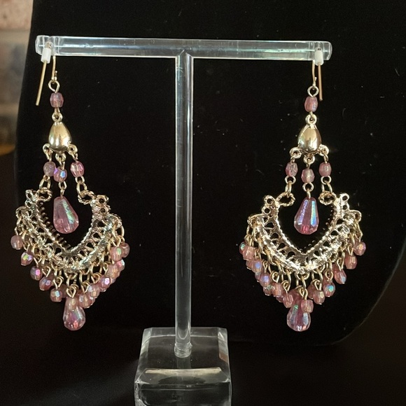 Pink Aurora Borealis Chandelier Gold tone Earrings - Picture 4 of 6